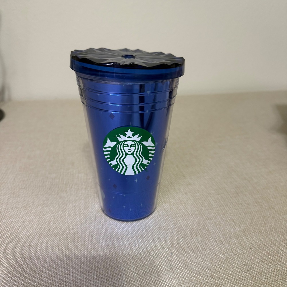 Starbucks Royal Blue Double Wall Insulated Cold‎ Cup Tumbler Faceted Lid 16oz